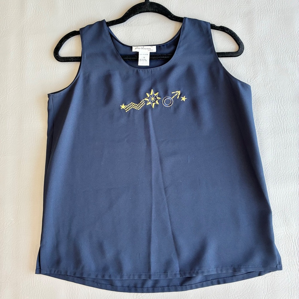 Tara Vanessa Paris Navy Blue Sleeveless Shell Top Gold Celestial Embroidery S